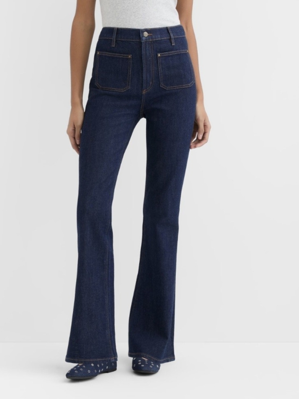 Zara PETITE Dark Indigo High-Rise Flare Jeans